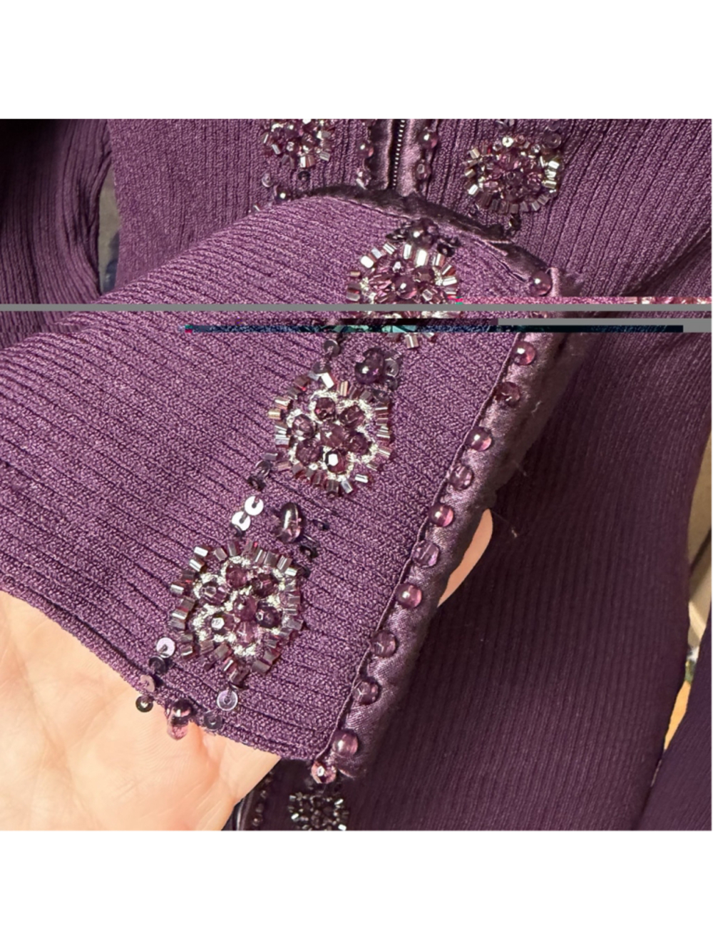 Cache Y2K 90s Purple M Gabrielle Solis Off Shoulder Beaded Zip Up Sweater Ribbed - Picture 16 of 16